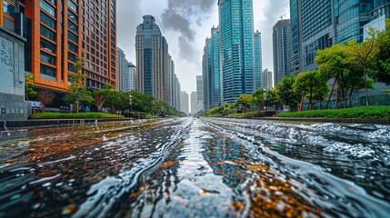 Fototapeta premium Flood waters surge through a city street, creating a dramatic scene of urban flooding amidst towering skyscrapers 