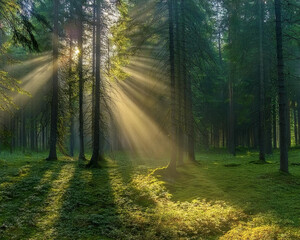 Fototapeta premium Sunbeams filter through tall trees in a serene forest, creating a tranquil atmosphere bathed in soft light, ai.