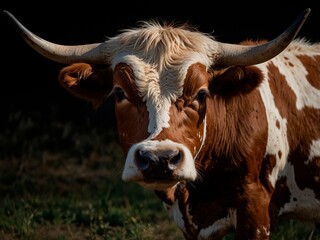 Beautiful studio portrait of white and brown cow with long horns standing against a dark black background. Animal buffalo cattle photography illustration.	