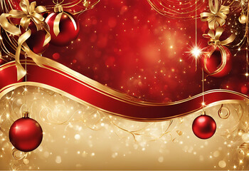 red christmas background with balls and ribbon
