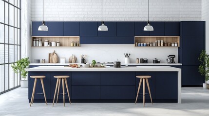 A sleek, modern kitchen with deep indigo cabinets and white quartz countertops. The backsplash is a subtle gradient of blue and indigo tiles