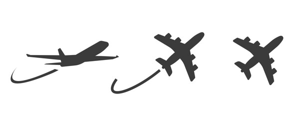 Airplane flight trail icon logo simple vector graphic illustration set pictogram, air plane path silhouette shape sign symbol, airliner jet raise route minimal image clip art isolated cut out 
