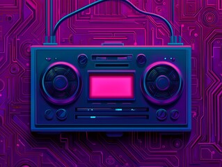 Fototapeta premium A retro boombox illustrated against a vibrant circuit board background, showcasing a unique blend of nostalgia and modernity.