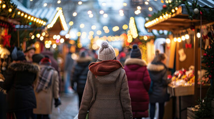 A bustling holiday market with twinkling lights, shoppers in warm coats strolling through festive stalls, a joyful and busy holiday season mood