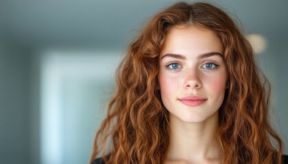 Naklejka premium A young woman with curly red hair and blue eyes stands confidently in a well-lit space