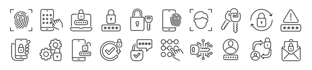 Set of line icons related access, security, authentication, protection. Editable stroke. 500x500px Perfect pixel on transparent background