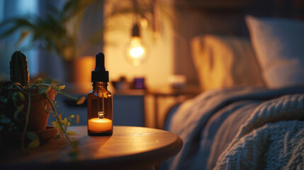 A close-up of a CBD tincture bottle on a bedside table, part of a menopause relief routine, warm lighting and a calming mood