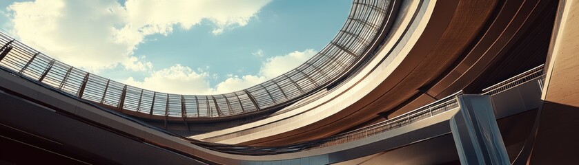 Fototapeta premium A modern architectural structure with a curved roof and open sky view.