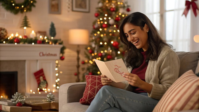 Happy woman reading Christmas card, note or message in home living room in winter holiday celebration. Smile, festive or Indian girl with emotional xmas greeting letter, wishes or kind gift in house