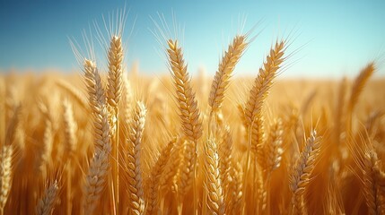 Fototapeta premium Golden Wheat Field Under Clear Blue Sky, Capturing Nature's Bounty and the Beauty of Agriculture, Ideal for Farming, Harvest, and Food Production Themes