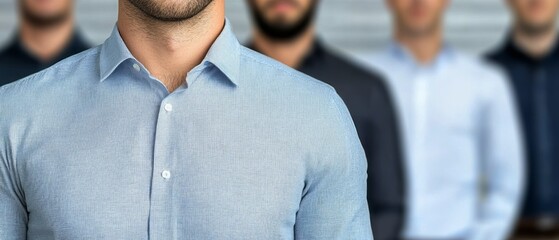 Group of men in formal shirts collaborating and discussing ideas in a corporate setting