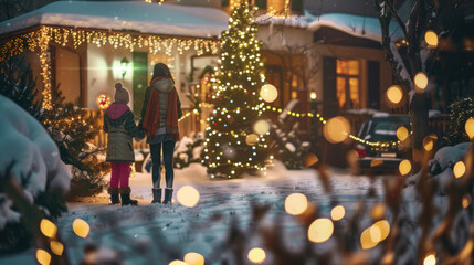 Obraz premium A family decorating their house with bright holiday lights, standing outside in the snow, enjoying the beauty of their festive display