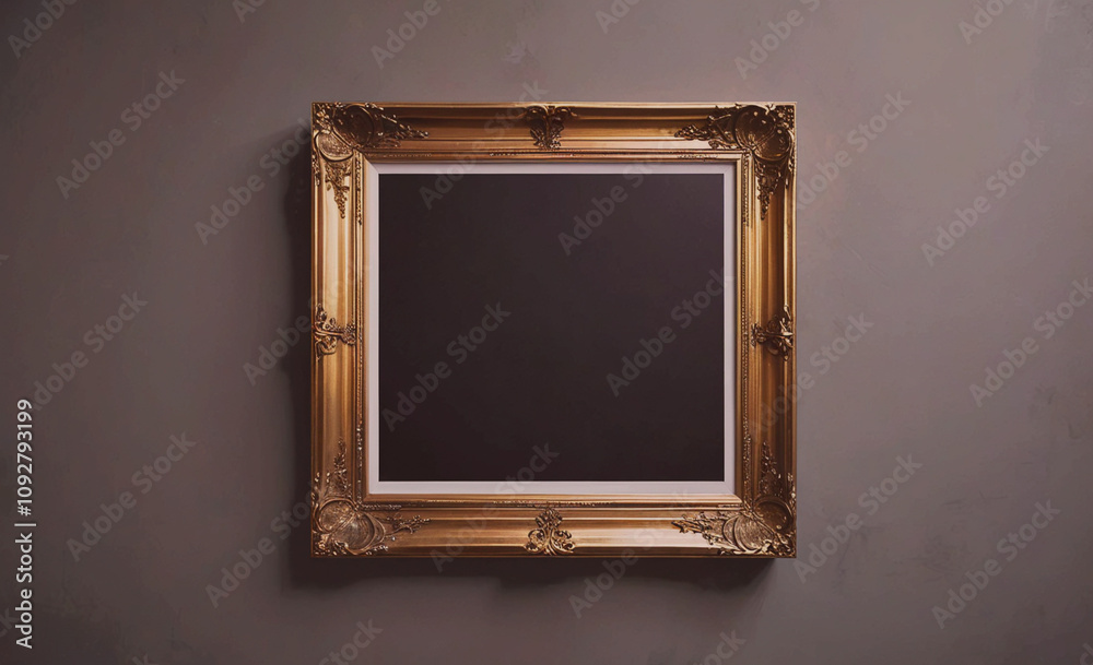 Poster gold framed picture with a black background. the frame is ornate and the picture is empty