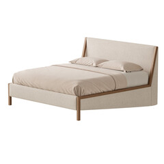 A bed with a white comforter and pillows