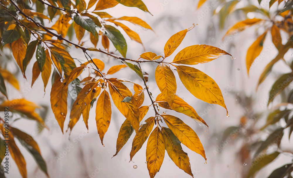 Poster leafy tree branch with leaves that are wet. the leaves are yellow and brown. the branch is covered i