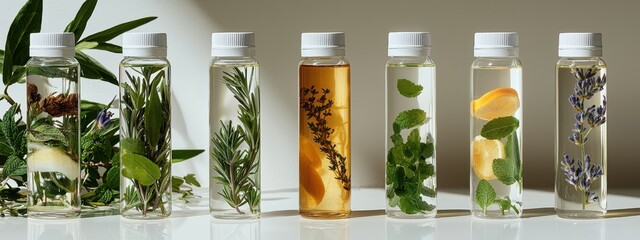 bottles with essential oil on a white background. Selective focus