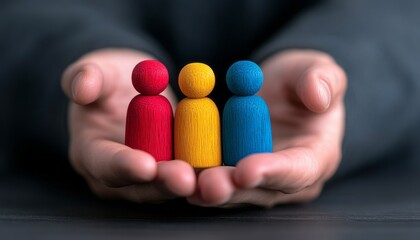 Hands cradle three colorful wooden figures representing unity, diversity, and cooperation