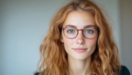 Obraz premium A young woman with curly red hair and round glasses showcases a soft smile in a simple setting