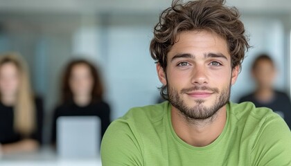 Obraz premium A young man in a green shirt smiles while colleagues engage in discussion behind him