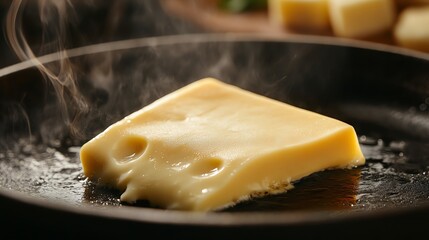 A block of cheese is melting in a frying pan.