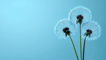 Fototapeta premium Dandelion seed heads display tiny droplets, set against a calming blue backdrop