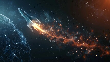 Powerful rocket propelling itself with a burst of fiery energy and luminous sparks as it blasts off into the vast starry night sky filled with the wonders of the cosmos