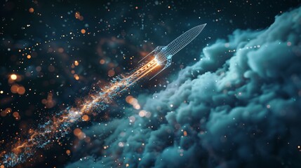 Powerful rocket spacecraft launching into the night sky creating a fiery explosion of energy and light as it propels itself into the vastness of space on a thrilling mission