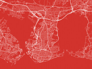 Christmas Map of Portsmouth, United Kingdom in Snowy White on Festive Red Background.