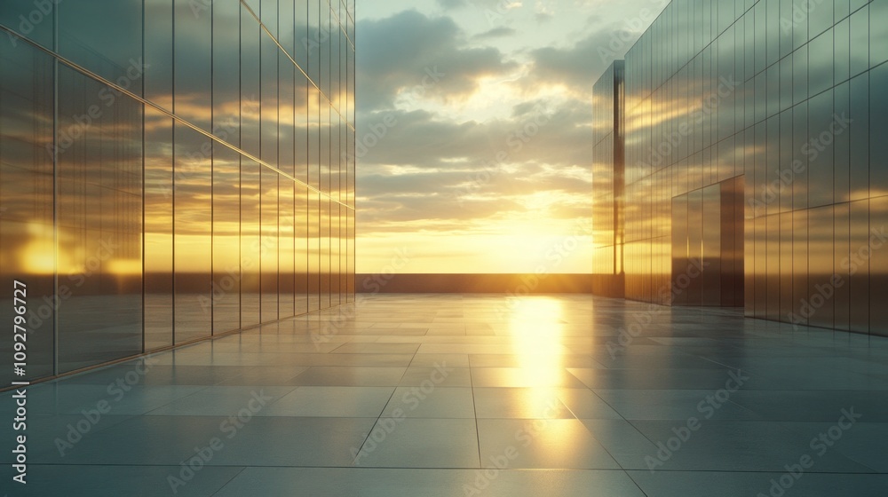 Poster A large, empty building with a large glass window and a view of the sun setting