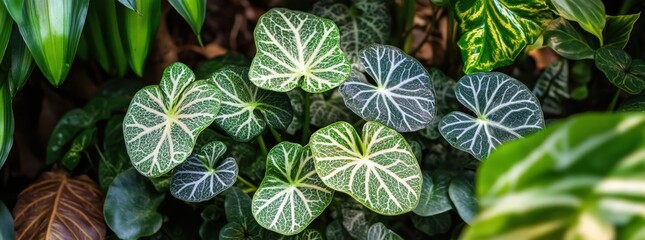 Obraz premium Lush green Caladium plants with striking white veins, creating a vibrant tropical foliage background. Perfect for nature, botanical, and garden themes.