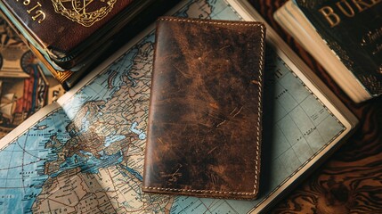 Vintage leather bound travel journal filled with old pages and an antique world map on a wooden background symbolizing the mystery and adventure of historical and academic study