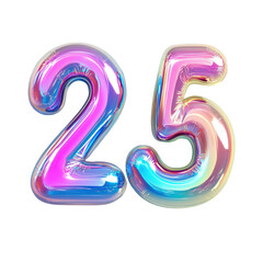 Number 25 twenty five made of iridescent inflatable balloon isolated on white background 3d render...