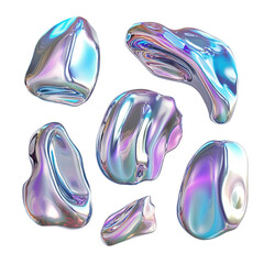 3D render of holographic iridescent foil morphing liquid blobs abstract background metallic wallpaper design elements fluid gradient shapes trendy vibrant colors modern futuristic graphic art dynamic