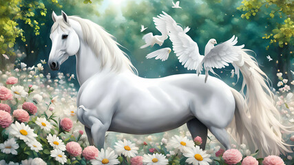 A white horse is standing in a park full of flowers and a beautiful dove is sitting on top of it