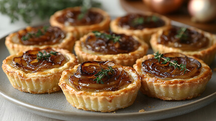 Colorful Miniature Tartlets Filled with Creamy Goat Cheese and Caramelized Onions for Festive Gatherings