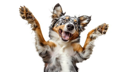 A dog is jumping in the air and smiling