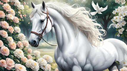 A white horse is standing in a park full of flowers and a beautiful dove is sitting on top of it
