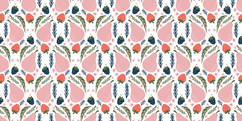 Seamless Fruit and Floral Pattern with Pears, Strawberries, Blackberries, Green Leaves, and Pink Flowers on White Background for Vibrant Decorative Designs