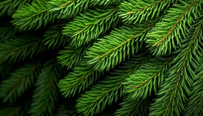 Lush green pine branches overlap, showcasing rich textures and vibrant hues in nature