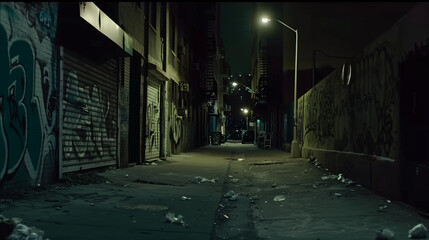 Tense night scene in a dimly lit alleyway with graffiti-covered walls and broken glass, evoking a sense of danger and mystery.