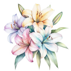 A detailed watercolor composition of a bouquet of lilies in soft pastel tones.