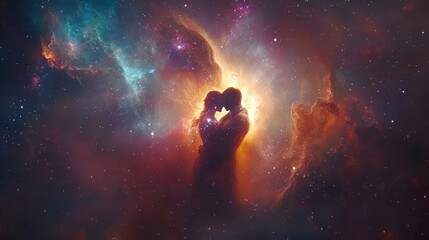 Obraz premium Couples embrace under cosmic lights