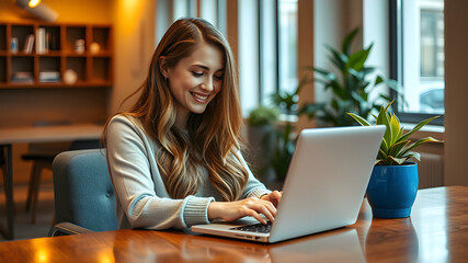 Businesswoman working on laptop, Work from home, , Digital Marketing, Smiling Young Woman Working on Laptop in a Modern Office