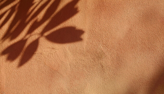 Abstract shadows of leaves cast on a terracotta texture wall create a natural and calming visual effect, ideal for backgrounds or design inspiration. The scene evokes warmth and tranquility.