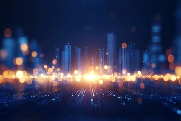 Futuristic cityscape with glowing lights and lines, representing advanced technology and digital connectivity.