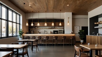 Here's a response attempting to meet your request's requirements.. Modern bar and restaurant interior with wooden bar, pendant lights, and tables.