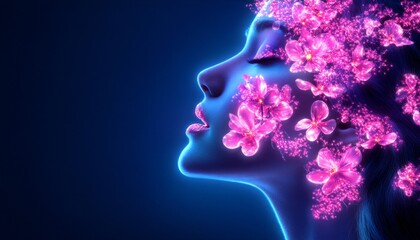 A woman's profile showcases neon flowers and ethereal colors enhancing her features