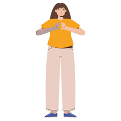 Inclusive Illustration of a Woman with Prosthetic Arm Showing Heart Gesture Representation of Positivity and Diversity in Casual Style