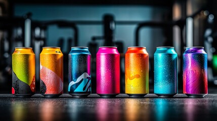 Vibrant Collection of Various Energy Drink Cans Displayed in a Dynamic Arrangement Against a Blurred Background