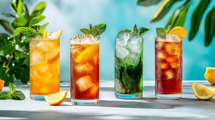 A Vibrant Display of Different Types of Iced Tea Served in Tall Glasses with Ice, Fresh Mint, and Citrus Garnish for a Refreshing Beverage Experience